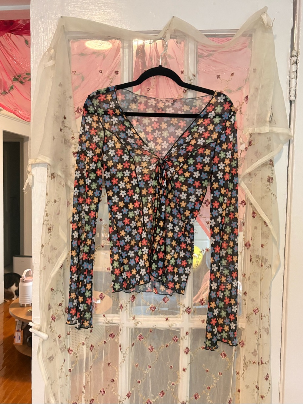Sheer Black Long-Sleeve Tie-Front Floral Mesh Top
